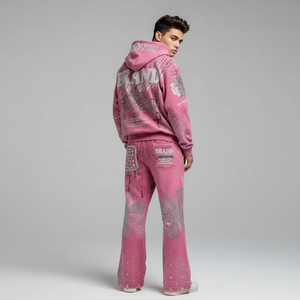 Survêtement Y2K rose tendance pour homme, en molleton épais délavé à l'acide, écoresponsable, avec sweat à capuche zippé et pantalon large, détails en strass - Product Image 3