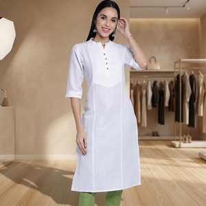Robe midi en coton blanc à col mandarin, manches trois quarts, coupe ample, décontractée, pour tous les jours, respirante, couleur unie, ensemble 2 pièces - Product Image 6