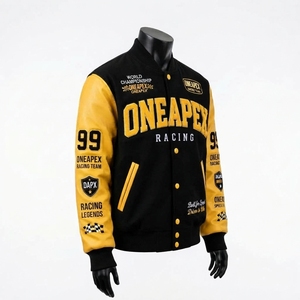 เสื้อแจ็คเก็ตผ้าแคนวาสสีดำเหลืองสำหรับผู้ชาย สไตล์นักแข่งรถ  แบบ Letterman Bomber  พร้อมโลโก้ด้านหน้า  เสื้อผ้าสตรีทแวร์ขายส่ง - Product Image 6