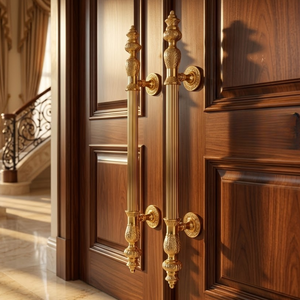 Poignée de porte d'entrée moderne de luxe en laiton massif |   Colonne cannelée avec extrémités décoratives ornées pour usage hôtelier - Product Image 3