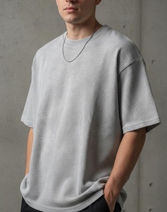 Men's Oversized <b>Waffle</b> Knit Short Sleeve T-<b>Shirt</b> Solid Gray Casual O-Neck Breathable Cotton Top - Product Image 4