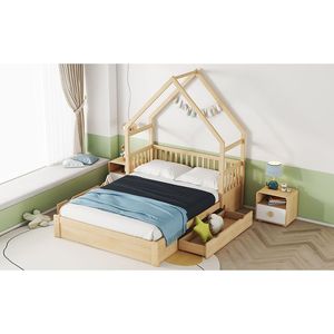 Letto a piattaforma matrimoniale in legno naturale con sponda di sicurezza e 2 cassetti per la cameretta dei bambini - Product Image 5
