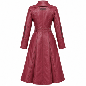 Manteau long en cuir rouge cramoisi pour femme, style trench, à revers crantés et boutonnage frontal, Fourniture OEM ODM - Product Image 2