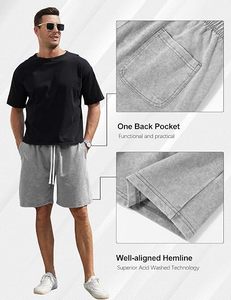 Shorts Bermuda en Coton Gris pour Homme, Taille Élastique, Couleur Unie, Respirant, avec Cordon de Serrage - Product Image 6