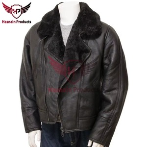 <b>Mens</b> Real Black Leather <b>Jacket</b> Fur Collar B3 Bomber Aviator <b>Shearling</b> Flight Coat Custom Classic Winter Warm Outwear Fashion New - Product Image 4