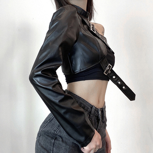 Chaqueta Asimétrica de Piel Sintética con Cuello Alto, Manga Larga, Cierre de Cinturón Cruzado, Chaqueta Corta de Moda Otoñal para Mujer - Product Image 3
