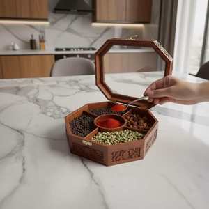 Premium Wooden Masala Organizer <b>Box</b> with Sectioned Interior and Hinged Lid for Spices <b>Herbs</b> Seasonings and Kitchen Storage - Product Image 1