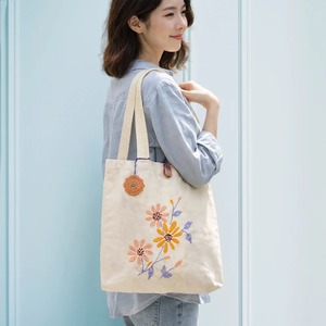 Embroidered Lotus Flower Cotton <b>Canvas</b> <b>Tote</b> Bag Zipper Closure Long Handles 15.5x14.5 Inches Lady Style Daily Use Shopping Bag - Product Image 2