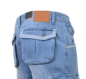 Shorts cargo en jean bleu clair pour homme, taille mi-haute, fermeture à cordon, style décontracté avec plusieurs poches, tissu en toile respirant - Product Image 3