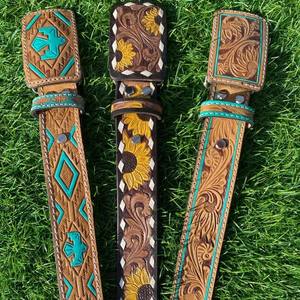 Cinturón Occidental de Cuero de Grano Completo Hecho a Mano, Correa de Hebilla Extraíble Unisex de Girasol con Estilo Occidental - Product Image 5