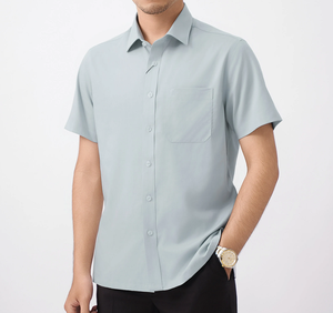 Chemise décontractée formelle à manches courtes pour homme, couleur unie, col rabattu, tissu popeline respirant, idéale pour l'été - Product Image 3