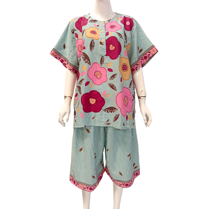 Ensemble deux pièces décontracté pour femme, imprimé floral, en coton et fibre de bambou, manches courtes, coupe ample, taille élastique, col rond, idéal pour l'été - Product Image 1