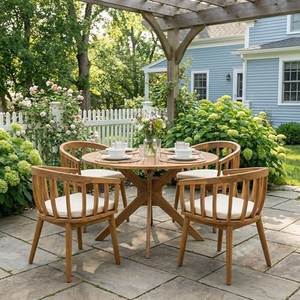 Ensemble de salle à manger d'extérieur en teck de luxe, table ronde avec chaises courbées, mobilier de jardin pour villa de villégiature - Product Image 1