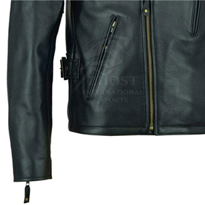 Veste de moto en cuir véritable noir pour homme, finition solide, fermeture éclair, col rabattable, coupe-vent - Product Image 6