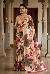 GACHI TASSAR SILK Floral Silk <b>Saree</b> For Women Traditional Indian Wedding Wear Regular Fit Floor Length Beige With <b>Red</b> Pink - Product Image 1
