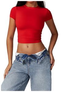Womens High Neck Yoga Top Breathable Solid Quick Dry Sports T-Shirt Custom Logo Short Sleeve <b>Fitted</b> Shirts OEM - Product Image 2