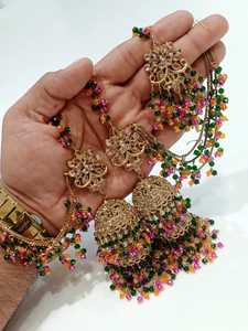 Parures de mariée tendance en acier inoxydable, collier et boucles d'oreilles multi-pendentifs Jhumki Sahara, collection de bijoux de luxe en zircon de qualité supérieure pour femmes - Product Image 2