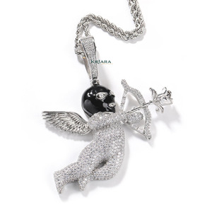 925 Silver Rhodium Plated Moissanite <b>Angel</b> Pendant with Black Head Wings Luxury Themed Wedding Hiphop <b>Charm</b> Unisex Everyday Wear - Product Image 2
