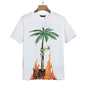 T-shirt personnalisé pour homme en coton 100% avec imprimé graphique squelette palmier feu, coupe oversize vintage, tendance streetwear - Product Image 1