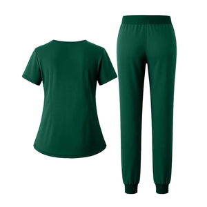Ensemble de blouses médicales vertes pour femmes, en coton et polyester tissé, uniformes d'hôpital, pantalon, col en V, fermeture éclair sur le devant, logo et design personnalisés - Product Image 2