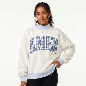 <b>Cream</b> Blue Checked Amen Chest Letter Sweatshirt Contrast High Neck Light Blue Neck Cuffs and Hem Drop Shoulder Long Sleeves - Product Image 5
