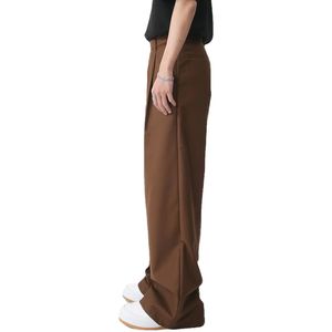 Brown <b>Wide</b> <b>Leg</b> <b>Trousers</b> <b>Men</b> High Waist Pleated Anti-Wrinkle Smart Casual Pants Button Closure Autumn Wear - Product Image 3