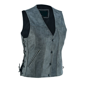 Gilet vintage pour homme en cuir de vachette souple gris ciré teint en tambour, col en V, boutons-pression noirs antiques, laçage latéral réglable, dissimulé pour porte-arme - Product Image 2