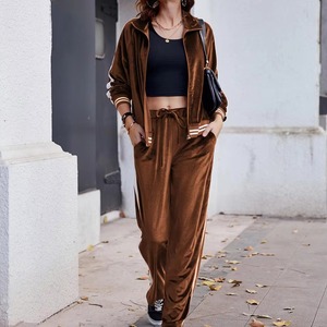 Ensemble de survêtement en velours pour femmes, couleur unie, manches longues, polaire, séchage rapide, tenue décontractée pour le jogging avec poches latérales, vêtements d'hiver - Product Image 6