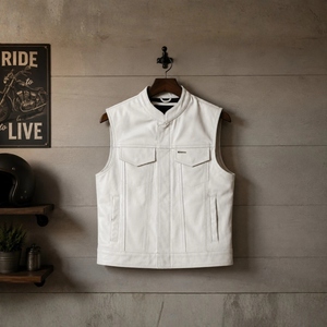 Gilet moto en cuir PU blanc pour homme, col mandarin, poches, vêtements d'extérieur d'automne, gilet de motard de haute qualité - Product Image 1