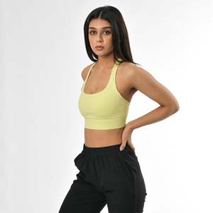 Soutien-gorge de sport respirant sans coutures vert lime, maintien élevé, bande large, encolure dégagée, logo frontal, décoration en maille, brassière d'entraînement pour femme - Product Image 5