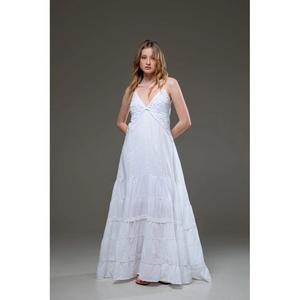 Vestido largo de encaje blanco para mujer, con tirantes finos, sin mangas, cuello en V, estilo bohemio, con volantes, para verano, playa o resort - Product Image 1