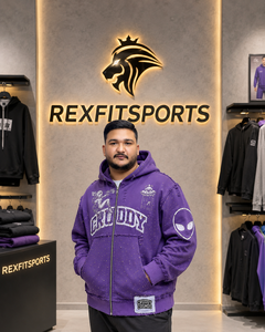 REXFITSPORTS 2026 Sweat à capuche zippé personnalisé violet avec motif, unisexe, en coton et polyester molletonné, style streetwear, fermeture éclair intégrale, marque privée - Product Image 2