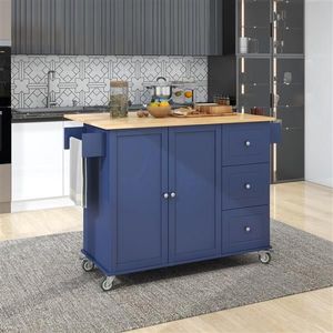 Isola da Cucina Portatile con Piano in Legno Massello e Ruote Bloccabili, Armadietto Contenitore da 52,7 Pollici Blu Scuro con Anta a Ribalta - Product Image 1