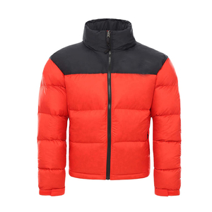 Men's Red Down Puffer Jacket With Black Collar <b>Stand</b> Zipper Closure Windproof Casual Winter Coat Regular Fit Color Blocking - Product Image 4