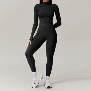 Seamless Womens Yoga Set High Waist Full Length Leggings Turtleneck <b>Long</b> Sleeve Solid Stretch Fitness Workout Activewear - Product Image 3