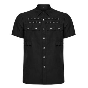 Gothic Punk Men's Short Sleeve Shirt <b>Metal</b> Eyelet Pocket Detailing Black Slim Fit Streetwear Cotton Shirts - Product Image 4