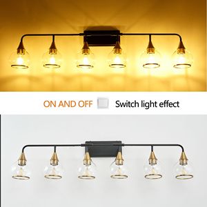 Applique da Bagno Moderna a 6 Luci da 48 Pollici, Nero e Oro, con Paralumi in Vetro Trasparente, Illuminazione Industriale a Parete - Product Image 6