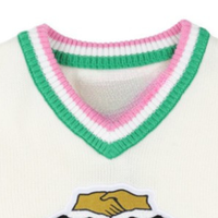 Pull en laine ivoire AKA à col en V avec bordure rose et verte, pull tricoté pour femmes de la sororité grecque, doux, chaud, élégant, coupe décontractée, idéal pour tous les jours