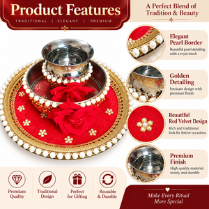 Juego de Thali para Karwa Chauth, 3 Piezas, Thali Decorativo para Pooja con Borde de Perlas, Detalles Dorados y Diseño Festivo - Product Image 3