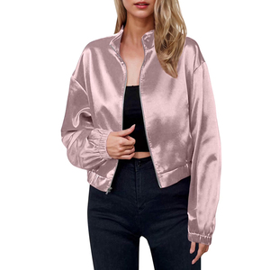 Chaqueta bomber acolchada de satén transpirable y ecológica para mujer, color rosa claro, manga larga, con cremallera, a prueba de viento. - Product Image 5