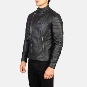 Blouson Moto Homme Premium en Cuir Véritable à Capuche Noir avec Fermeture Éclair Coupe Slim Col Montant Manches Standard Respirant Coupe-Vent Automne - Product Image 6