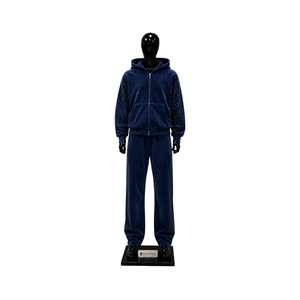 Conjunto de chándal de terciopelo azul marino para mujer, con sudadera con cremallera completa, pantalones de pierna ancha, dos piezas, con pedrería, estilo casual urbano, para correr - Product Image 1