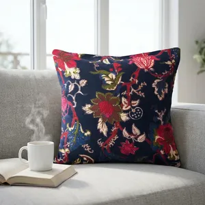 <b>Navy</b> <b>Blue</b> Velvet Cushion Covers with Vintage Floral Print Decorative <b>Throw</b> Pillows <b>for</b> <b>Sofa</b> Bedroom and Home Decor - Product Image 5