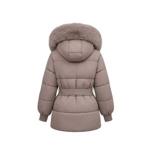 Custom Beige Women's Polyester Belted Puffer Jacket Fur Hood Quilted Winter <b>Coat</b> Padded Outerwear Winter Fashion - Product Image 2