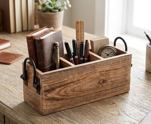 Rustic Acacia Wood Storage <b>Caddy</b> with Metal Handles Three Compartment Organizer Box for <b>Kitchen</b> Bathroom Office and Home Use - Product Image 4