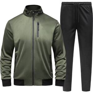 Conjunto Deportivo Verde Oliva para Hombre, Chaqueta con Cierre Completo y Cuello Alto con Bolsillos Laterales y Pantalones Deportivos Negros, Ropa Casual de Otoño - Product Image 1