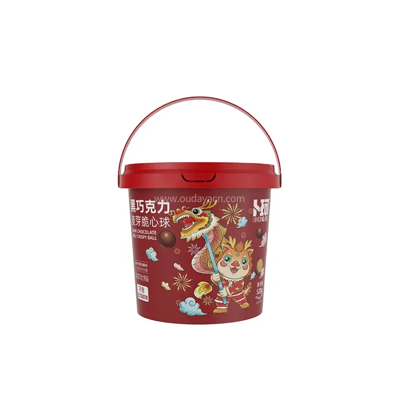 1.2L popular product pp bucket with IML printing Christmas New year chocolate tub with lid and handle