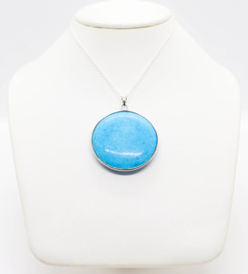 Man-Made Turquoise Pendant Necklace 925 Sterling Silver Large Round Cabochon Blue <b>Stone</b> Minimalist Jewelry - Product Image 1