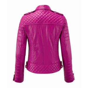 Women's Purple PU <b>Leather</b> Moto Jacket With Quilted Shoulder And Waist <b>Belt</b> Slim Fit Regular Length Turn-down Collar - Product Image 2