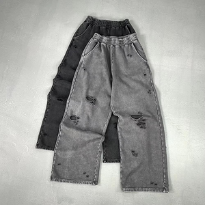 High Quality Acid Wash Distressed Casual Men Canvas Mid Wide Leg Baggy Sweatpants 450 GSM Fleece Heavyweight <b>Flared</b> Trousers - Product Image 3